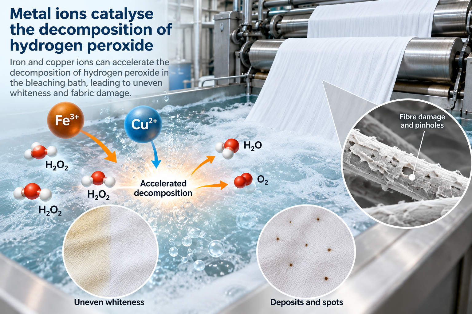 Iron and copper ions catalysing hydrogen peroxide decomposition in textile bleaching, leading to uneven whiteness, pinholes and deposits