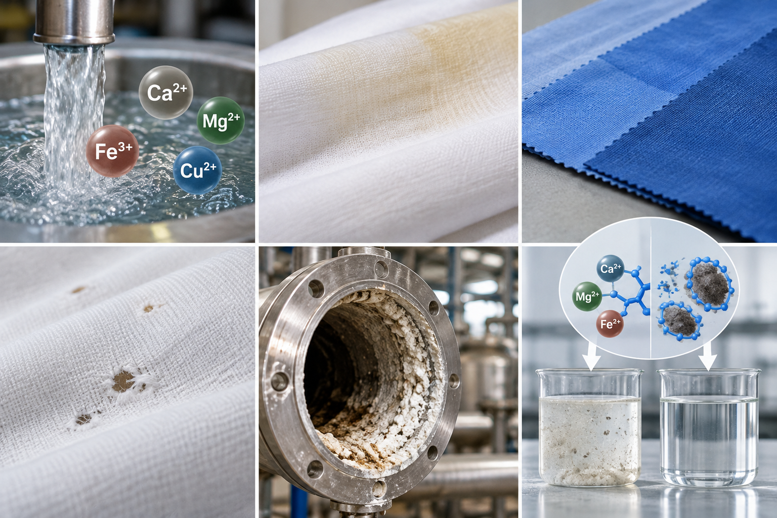 Hard water metal ions causing textile defects, equipment scaling, and the chelation dispersion mechanism of Chelating Dispersant 766
