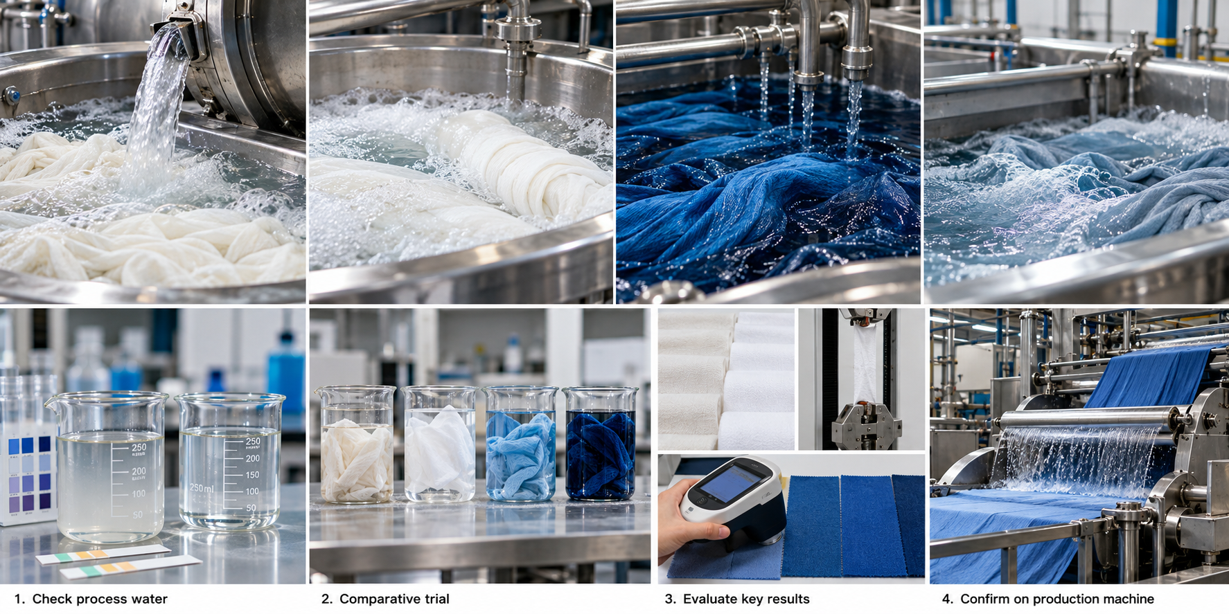 Four steps to evaluate Chelating Dispersant 766 in textile processing: checking process water, comparative trials, measuring key results, and confirming on production machine