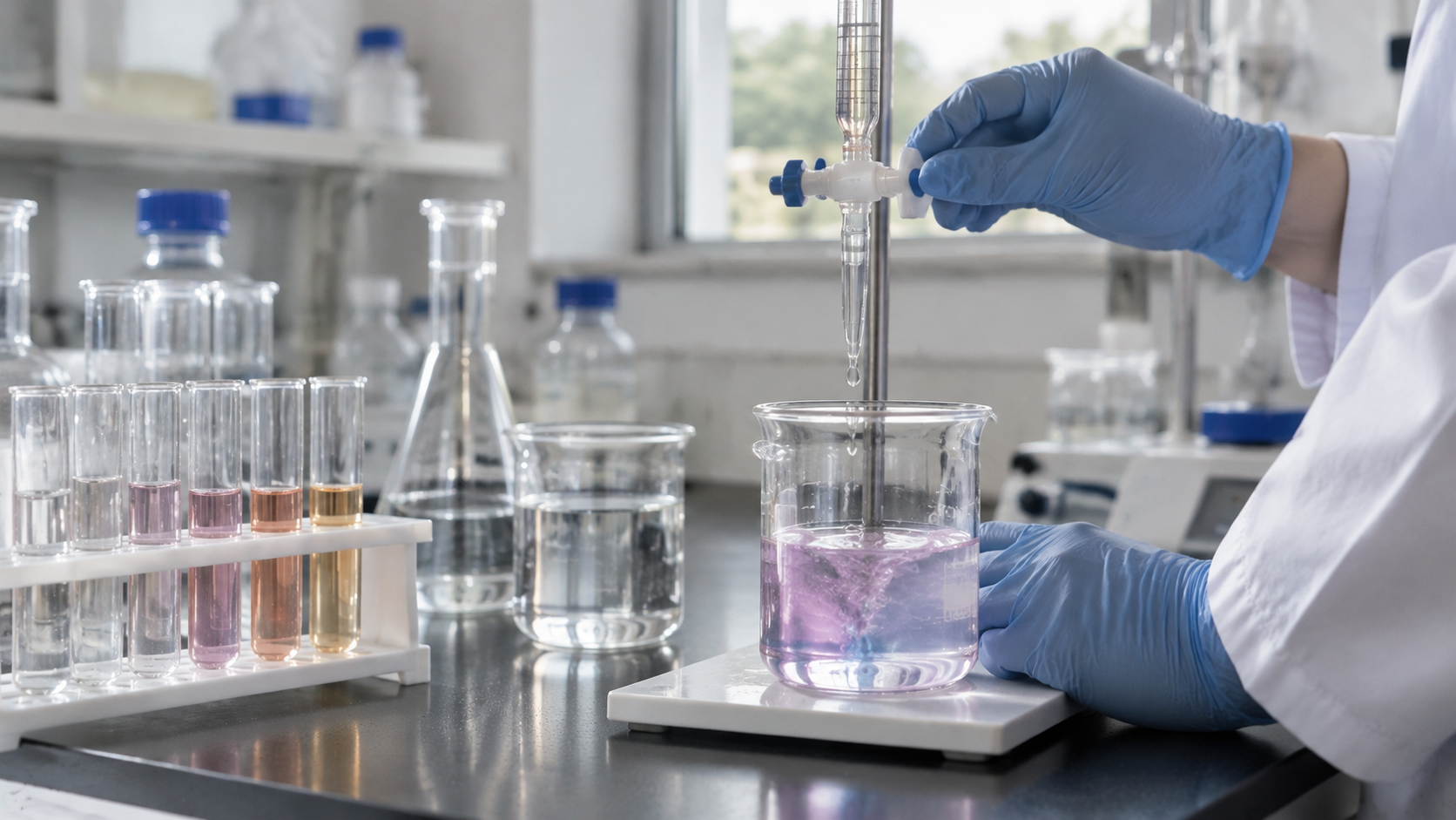 Textile dyehouse laboratory testing water quality for iron ions and hardness
